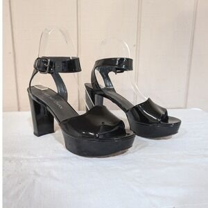 Stuart Weitzman Real Deal Black Patent Leather Platform Block Heel Sandals 70s 7